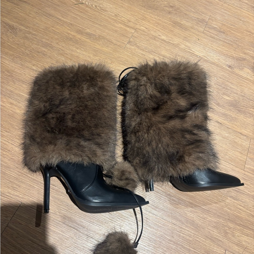 Faux Fur Trimmed Black Stiletto Boots